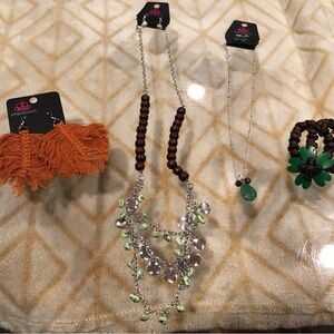 Paparazzi Silver Necklaces with Green and Brown, Earrings and Bracelet Set